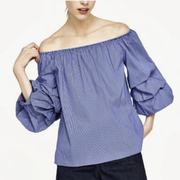NWT ZARA Off Shoulder Cotton Blend Layered Ruffle Bubble Sleeve Blouse Top. M - Picture 2 of 7